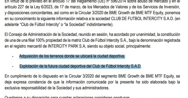 El Intercity aprueba la constitución de la filial que ha de comprar los terrenos para el 'Alicante Park'
