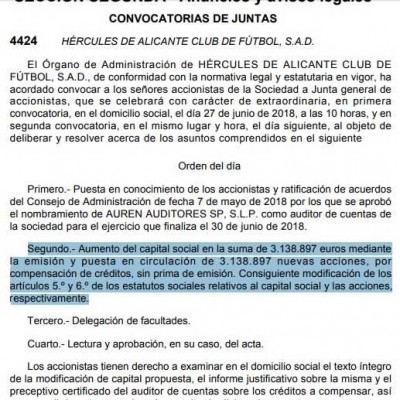 Los accionistas del Hércules votarán el 27 de junio el canje por acciones de los 3,1 millones de deuda con Ortiz y Ramírez