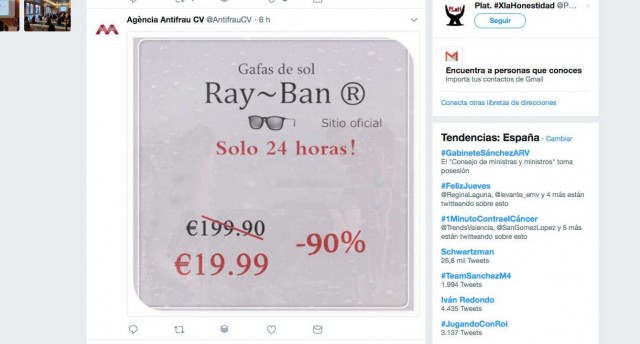 La Agencia Antifraude anuncia gafas Ray-Ban en twitter