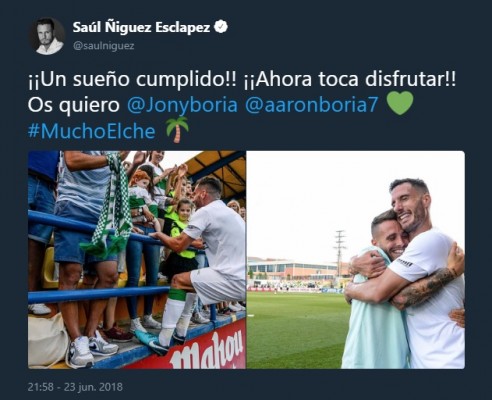 Saúl Ñíguez y David de Gea felicitan al Elche por el ascenso