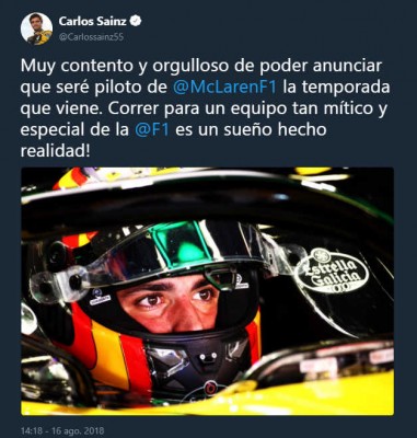 Carlos Sainz correrá en McLaren en 2019

