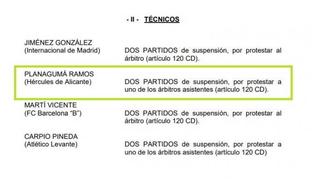 Competición sanciona a Planagumà con dos partidos de suspensión