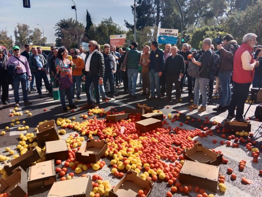 Los agricultores arrojan limones en la puerta de la Delegación del Gobierno y entran con los tractores por la Gran Vía