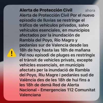 Emergencias envía una alerta móvil en 20 municipios para recordar las restricciones de tráfico por la lluvia