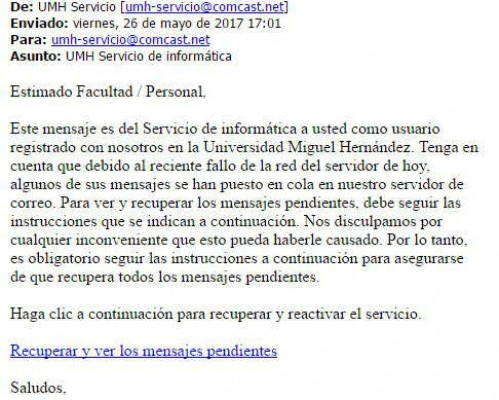 Un ataque informático suplanta a la UMH para obtener datos de su personal y alumnos