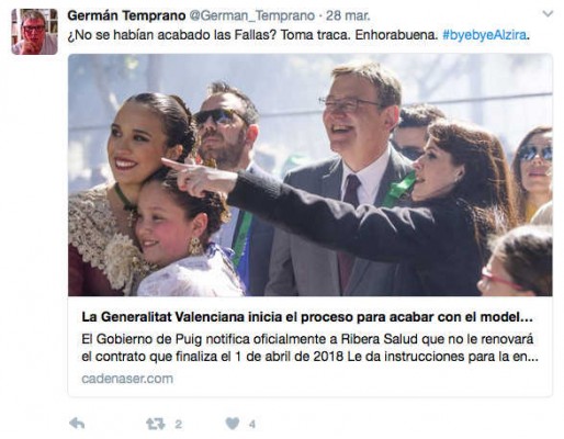 El periodista nombrado 'a dedo' para Gestión Sanitaria se mofa de la reversión de Alzira