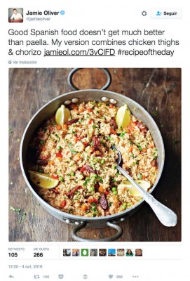 Jamie Oliver tuitea 'su' paella y Twitter le recuerda que eso es 