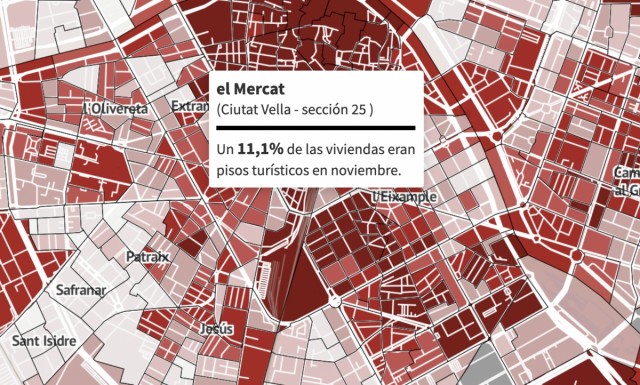 Los pisos turísticos en València, calle a calle: un 10% de las viviendas en El Mercat y el 7% en El Cabanyal