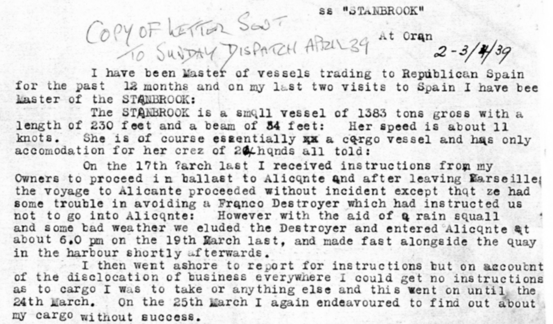 Inicio de la carta del capitán Dickson al Sunday Dispatch