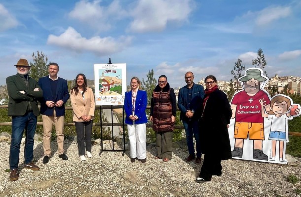 Dos peregrinos creados por el ilustrador Puebla se asoman al paisaje de  Cehegín 