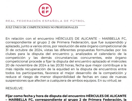 La falta de acuerdo lleva  a Competición señalar unilateralmente la fecha del Hércules-Marbella 