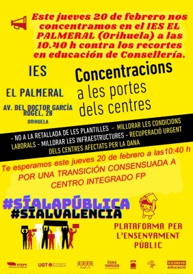 Doble protesta educativa este jueves en Orihuela: contra los recortes y la conversión de El Palmeral en Centro Integrado de FP