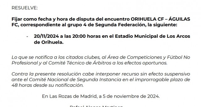 El Orihuela jugará el partido aplazado con el Águilas el miércoles 20 de noviembre
