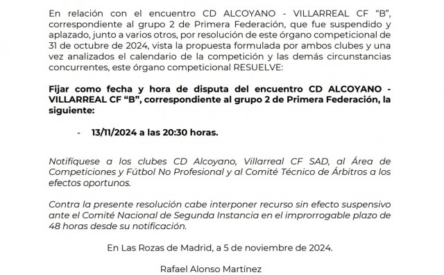 El Alcoyano-Villarreal B se jugará el 13 de noviembre gracias al acuerdo entre los clubes