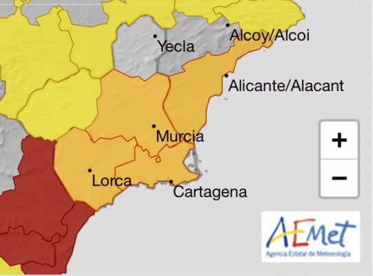 El Gobierno pide máxima precaución en Águilas y Mazarrón por las lluvias y la Aemet sube a naranja la alerta para la Vega del Segura