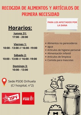 El PSOE de Orihuela recoge artículos de primera necesidad para afectados por la DANA