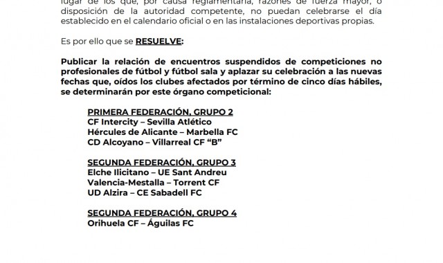 Competición da cinco días hábiles a los clubes para ponerse de acuerdo sobre los partidos aplazados