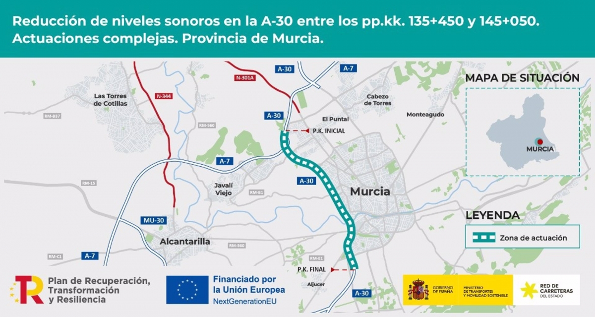 Las obras para reducir el ruido en la autovía a su paso por Murcia costarán 14,6 millones de euros