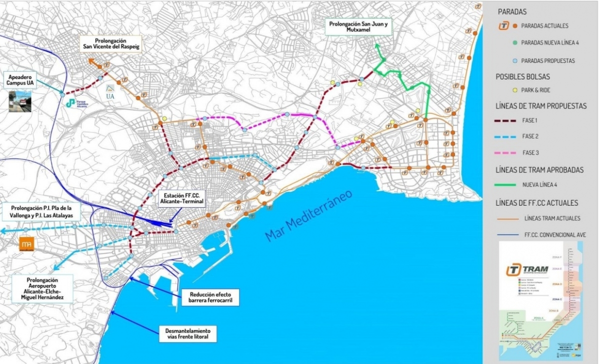 Plano de ubicación de las paradas de tranvía, según el estudio.