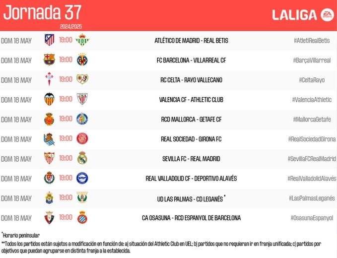 La penúltima jornada de LaLiga EA Sports se jugará de manera unificada el domingo 18 de mayo a las 19.00 horas