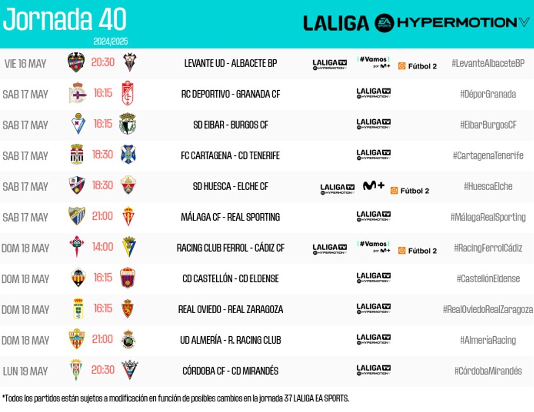 Horarios de los encuentros de la jornada 40 de LaLiga Hypermotion - Horarios de los encuentros de la jornada 40 de LaLiga Hypermotion