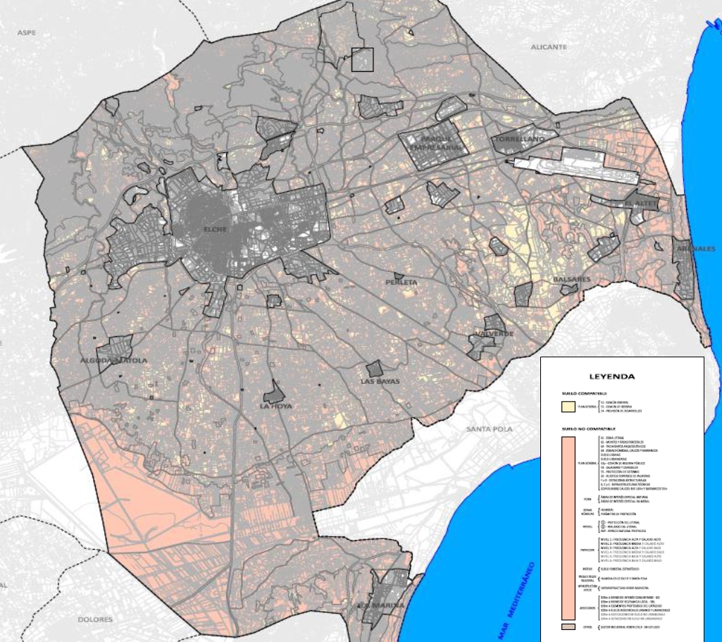 Mapa para la instalación de solares: en color crema, zonas compatibles; en salmón, incompatibles - 