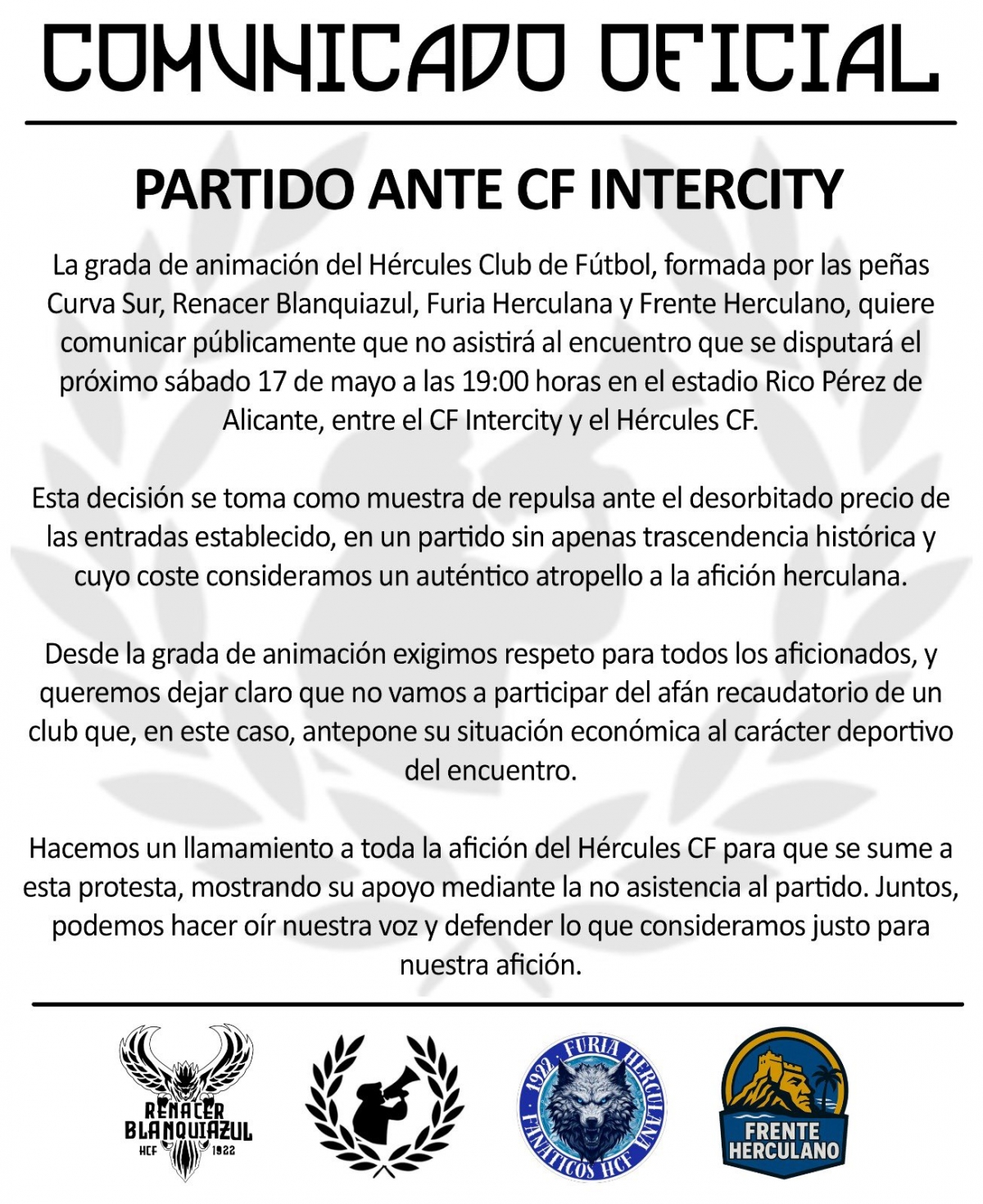 Comunicado de las peñas del Hércules CF.