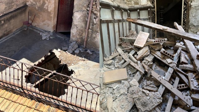 Un derrumbe en la antigua Banca Peral de Elche obliga a desalojar a los vecinos del bloque contiguo