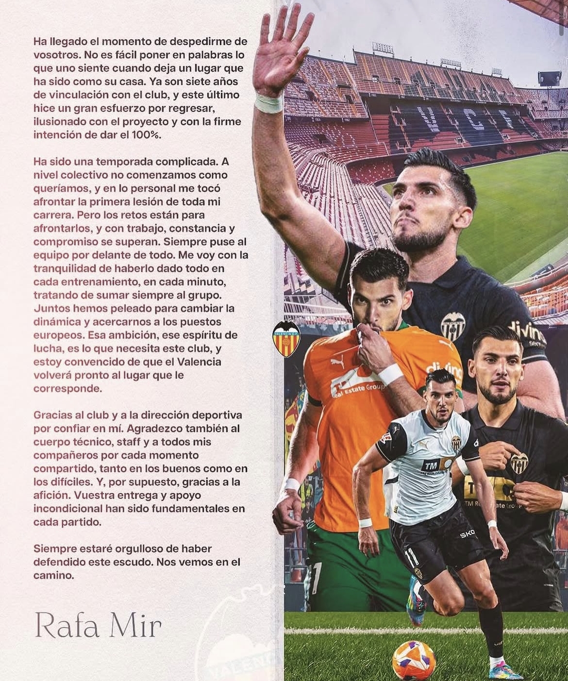 Rafa Mir se despide del Valencia: “Me voy con la tranquilidad de haberlo dado todo”
