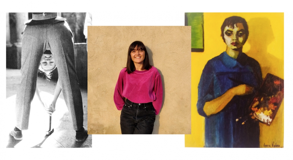 Al centro Clara Solbes entre dos piezas que aparecen en su libro