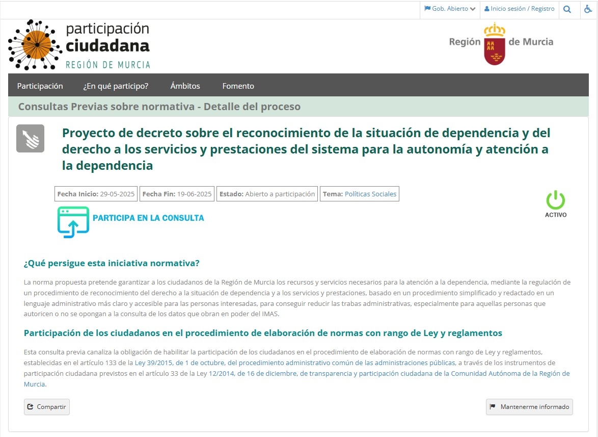  decreto de procedimiento de valoración de la Dependencia, en el portal de Transparencia.