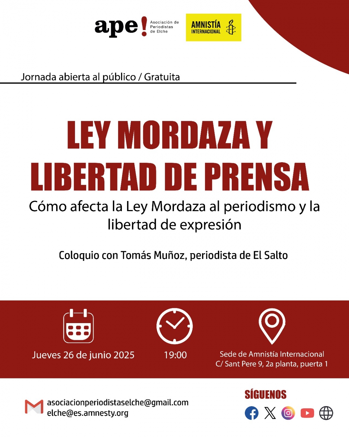 La Asociación de Periodistas de Elche y Amnistía Internacional organizan el evento ‘Ley mordaza y libertad de prensa’ 