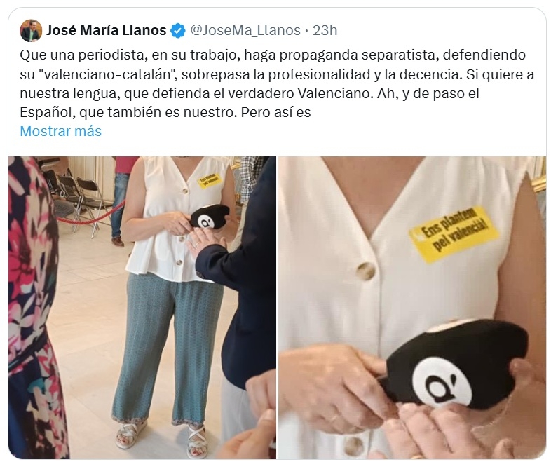 José María Llanos (Vox) arremete contra una periodista de À Punt por llevar una pegatina en defensa del valenciano