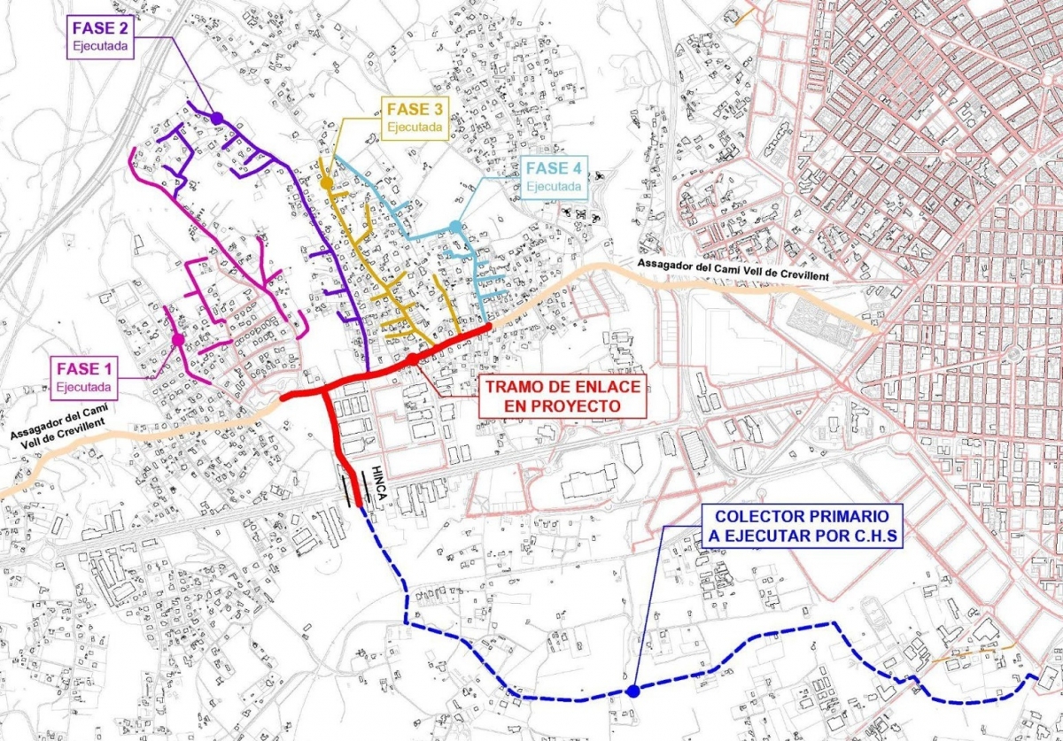En rojo, la parte que construirá el Ayuntamiento; en azul, el colector de la CHS -