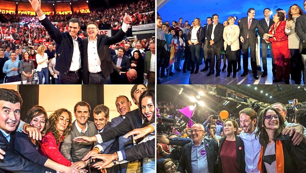 Actos centrales de PSOE, PP, C's y Compromís-Podemos en Valencia durante la pasada campaña. EVA MÁÑEZ Y KIKE TABERNER - 