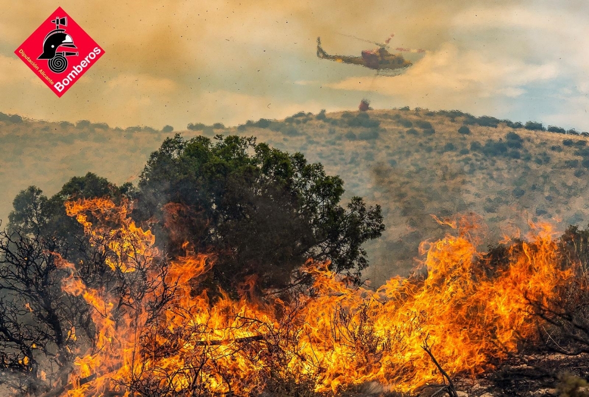 Los bomberos actúan en el flanco derecho del fuego de Ibi para evitar su avance hacia Alcoy