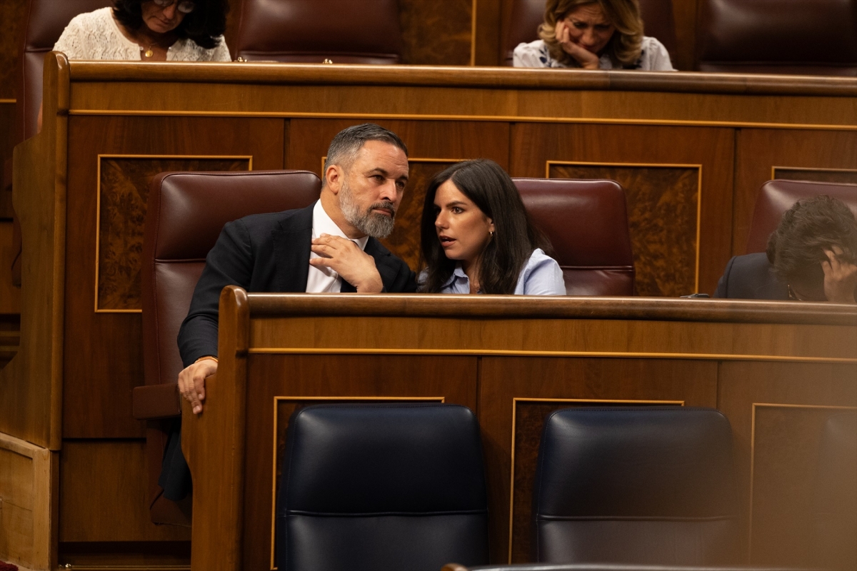 El líder de Vox, Santiago Abascal, y la portavoz de Vox en el Congreso, Pepa Millán. - Foto: ANANDA MANJÓN/EP El líder de Vox, Santiago Abascal, y la portavoz de Vox en el Congreso, Pepa Millán.