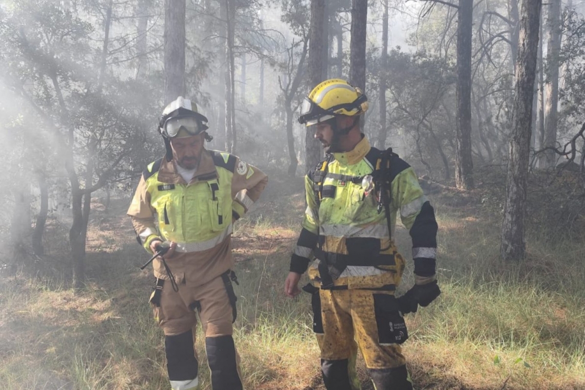 Medios terrestres y aéreos trabajan en la extinción de un incendio forestal en Castellfort
