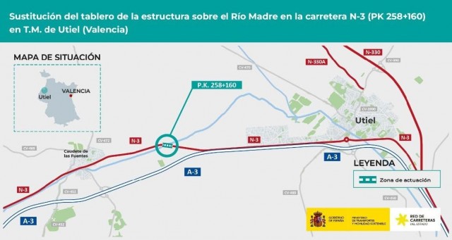 Transportes licita la sustitución del tablero del puente sobre el río Madre en la N-3, en Utiel