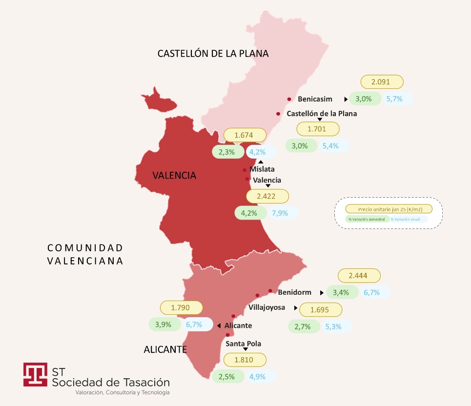 Mapa de la Comunitat con la evolución de los precios de la vivienda según Sociedad de Tasación - Mapa de la Comunitat con la evolución de los precios de la vivienda según Sociedad de Tasación