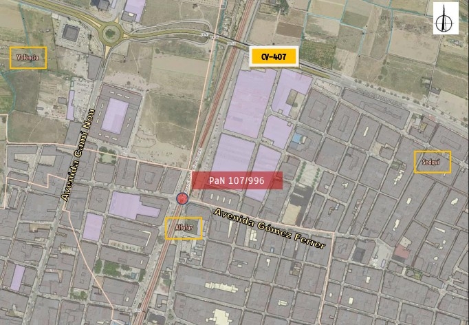 Plano actual del paso a nivel entre Alfafar y Sedaví. - Foto: ADIF Plano actual del paso a nivel entre Alfafar y Sedaví.
