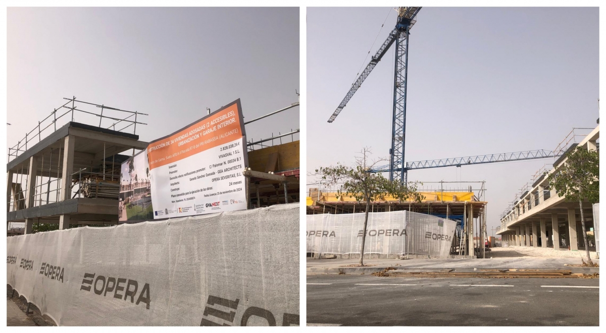 El cartel anunciador de la promoción de alquiler asequible y el avance de las obras.