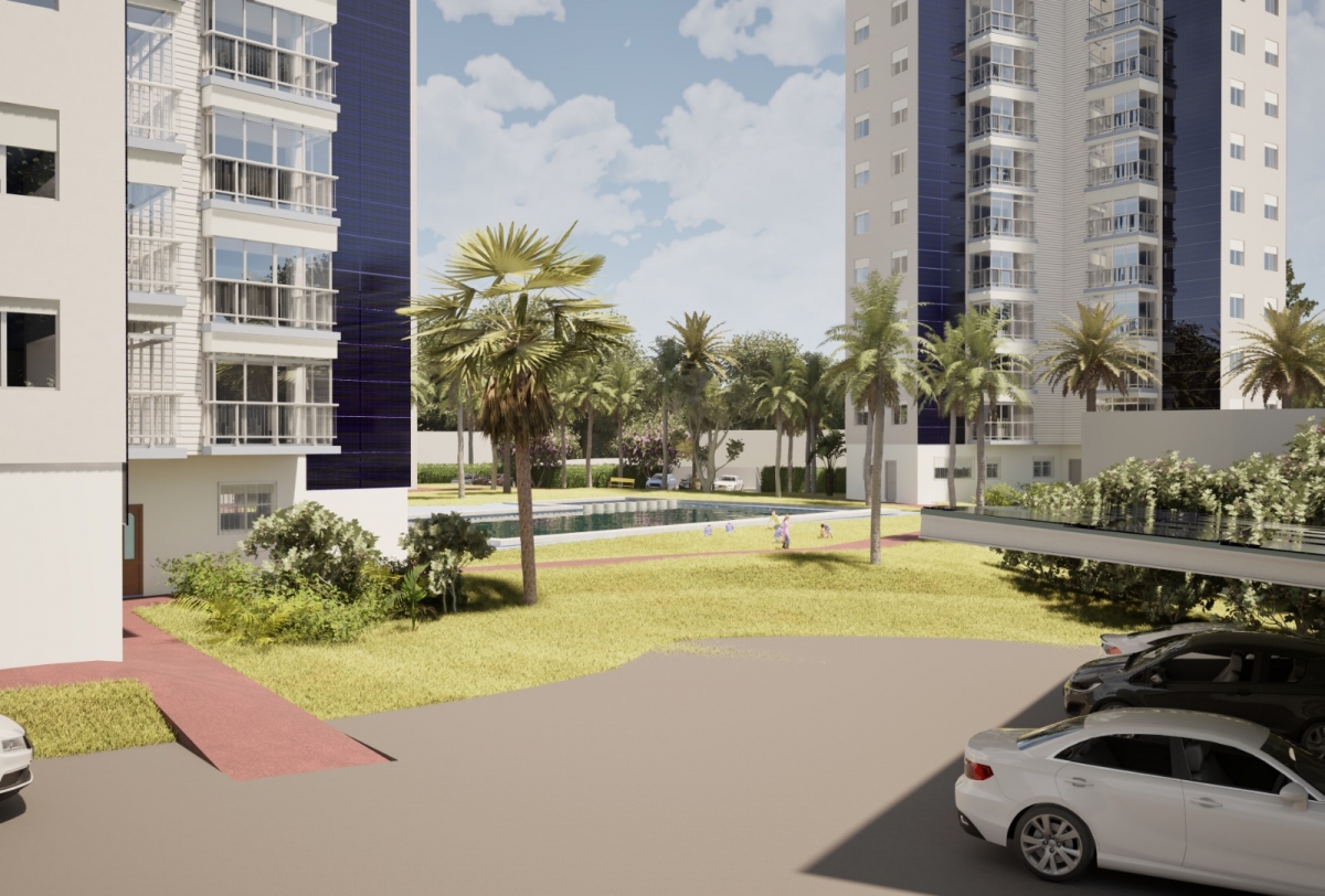 Recreación de la rehabilitación energética de dos rascacielos residenciales de 17 plantas en Benidorm.