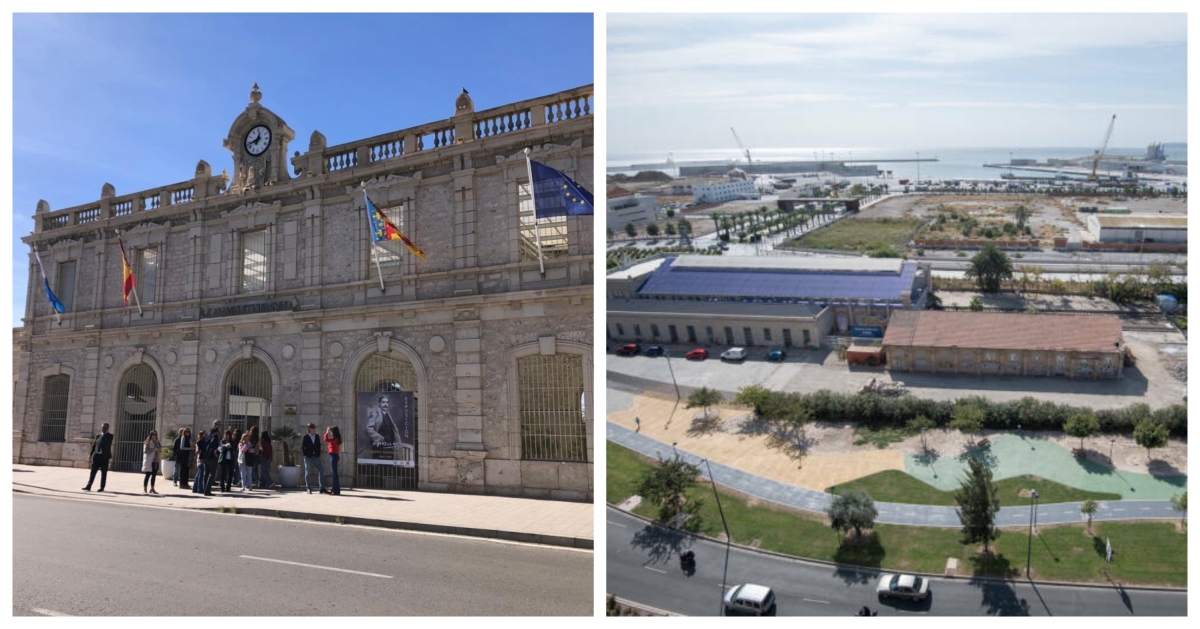 El edificio de Casa Mediterráneo y panorámica del edificio y de las vías.