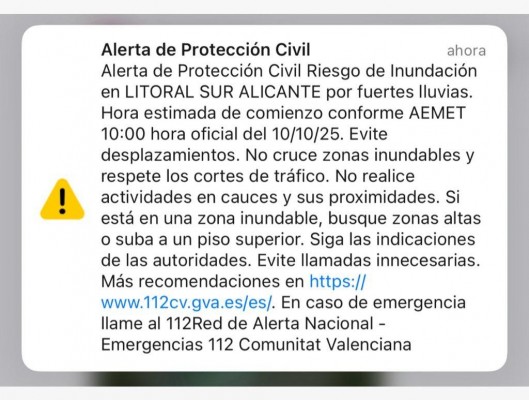 Llega a móviles de Alicante un Es-Alert por el riesgo de inundaciones desde este viernes
