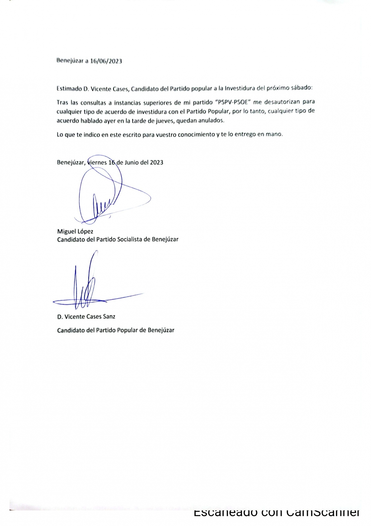 El documento en el que Miguel López comunica que no hay acuerdo. - Foto: AP. El documento en el que Miguel López comunica que no hay acuerdo.