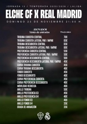 Los abonados del Elche CF pagarán 20 euros más que en 2022 por su entrada para el encuentro ante el Real Madrid