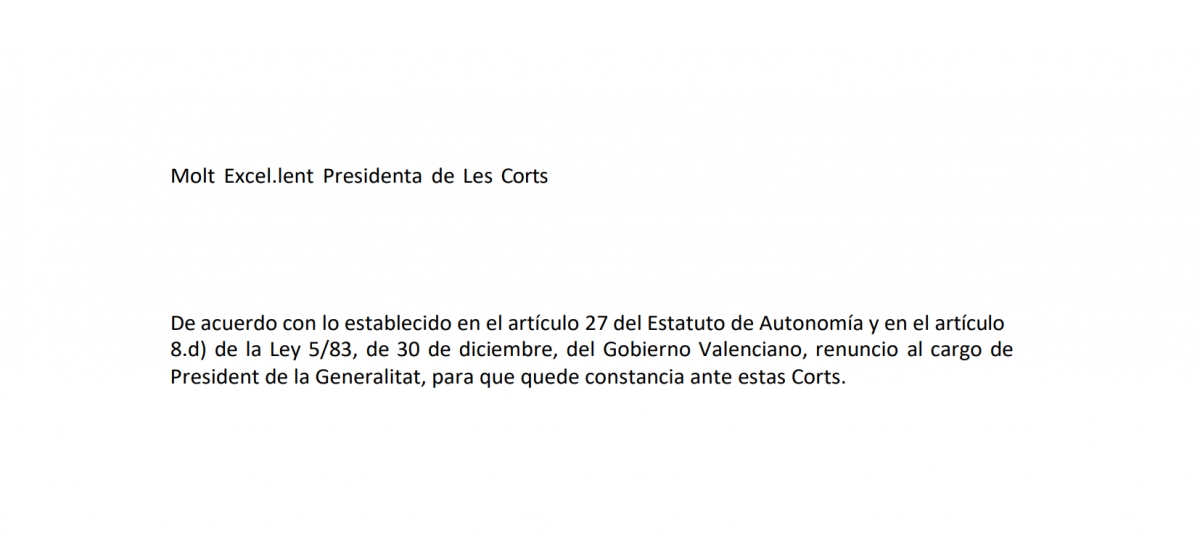 Carlos Mazón comunica a Les Corts su renuncia como president de la Generalitat