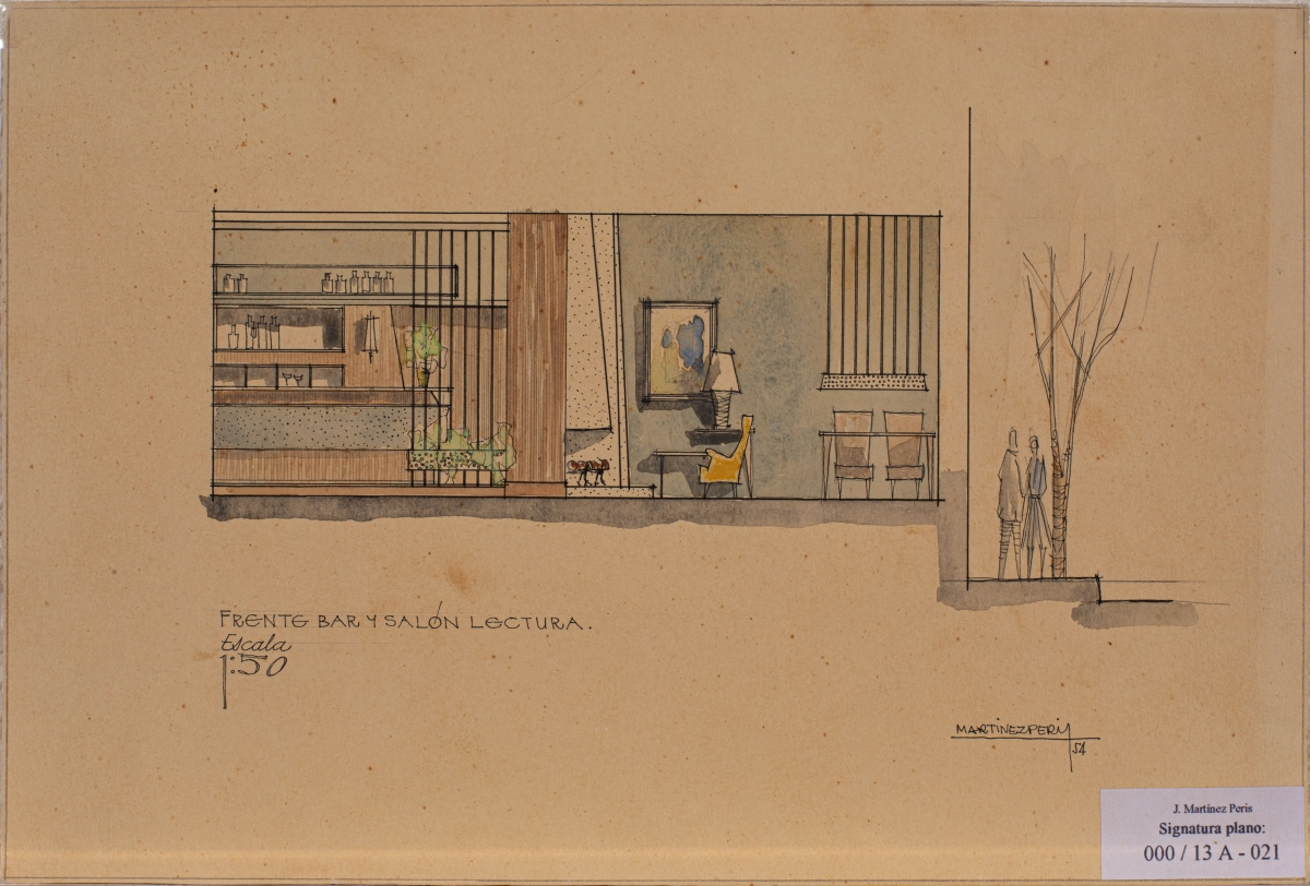 José Martínez Peris, Frente bar y salón de lectura, 1954. Arxiu Valencià del Disseny. - José Martínez Peris, Frente bar y salón de lectura, 1954. Arxiu Valencià del Disseny.