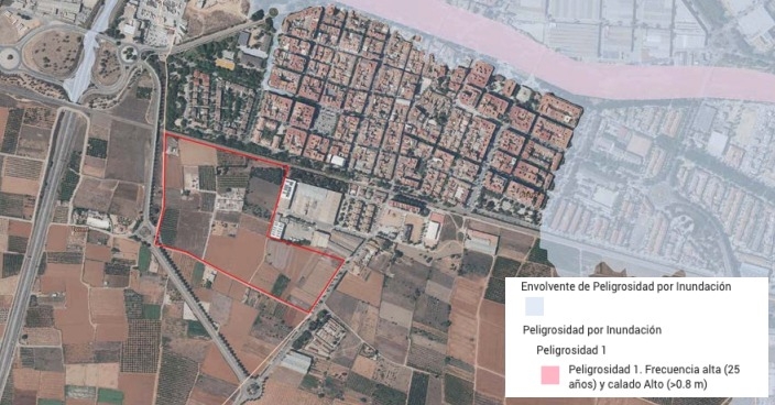 Área de inundabilidad en el ámbito de actuación del polígono La Taronja de Picanya.